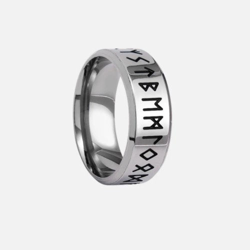 Anillo de acero inoxidable negro grabado Alfabeto Runique Viking Valhalla