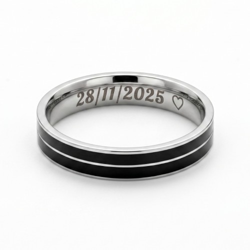 Bague pour homme en acier inoxydable avec deux bandes de couleur noire personnalisé avec gravure intérieure au laser