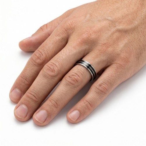 Stainless steel man ring ring with two black bands of 4mm width