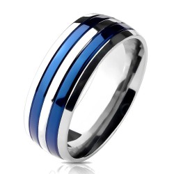 Modern engagement ring for man in gray titanium with two strips veneered blue azure