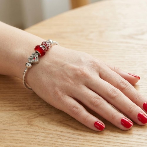 Bracelet femme acier en maille serpent avec charms perle rouge et un cœur I love mom