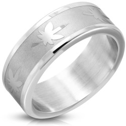 Bague anneau moderne pour homme en acier inoxydable avec bords biseautés et feuilles de cannabis gravées