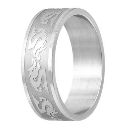 Vue de profil de la bague en acier pour homme montrant sa bande centrale texturée avec motif dragons