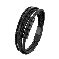 Bracelet moderne pour homme avec 4 rangs en cuir de bovin noir tressé et lisse ornés de rouleaux en acier