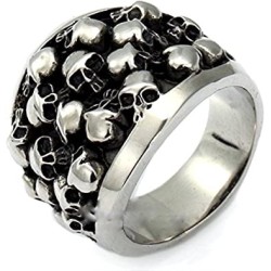 Anillo de sello de acero con varias calaveras apiladas para hombre