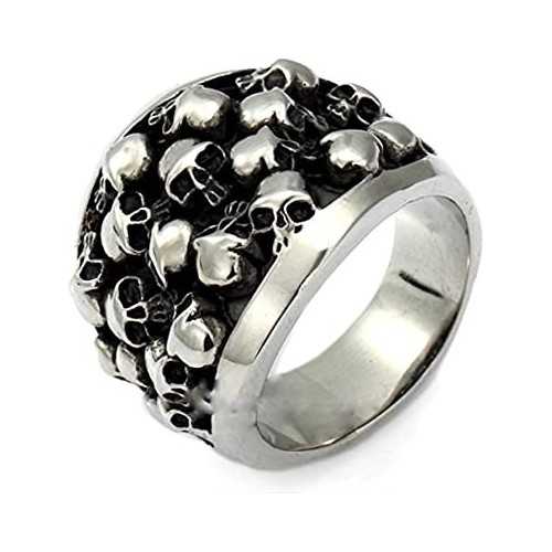 Anillo de sello de acero con varias calaveras apiladas para hombre
