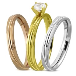 Trio moderno di anelli di fidanzamento in acciaio inox da donna, colori in argento, oro rosa e oro con solitario