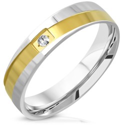 Anello da costruzione moderno per uomo e donna in acciaio bicolore con anima zirconi dorati e bianchi