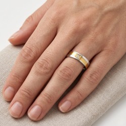 Anello da costruzione moderno per uomo e donna in acciaio bicolore con anima zirconi dorati e bianchi 2