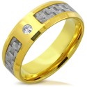 Bague anneau moderne pour homme en acier inoxydable doré avec bande en fibre de carbone argentée et pierre zircon