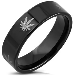 Bague anneau moderne pour homme en acier inoxydable noir avec feuilles de cannabis au dessin simplifié
