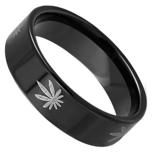 Anillo de anillo de acero inoxidable negro con hojas de cannabis