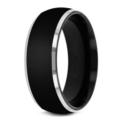 Bague alliance moderne pour homme en acier inoxydable avec large bande centrale noire brossée et bords argent