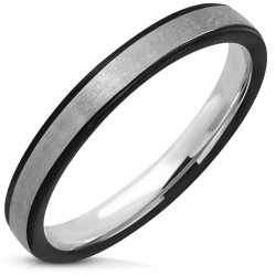 Modern Alliance Ring for Men and Woman in Bicolor Stainless Steel With Brushed Silver Ribbon and Black Edges