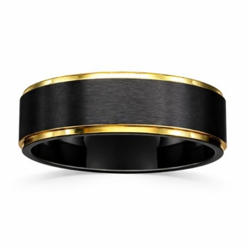 Herren Bicolor Edelstahl Mann Ring mit gebürstetem schwarzem zentralen Stirnband und goldenen Kanten