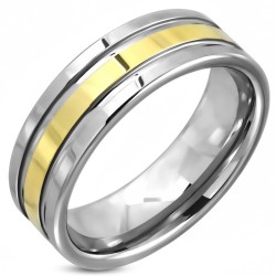 Bague alliance moderne pour homme en carbure de tungstène anti-rayures avec superbe bande centrale plaquée or