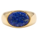 Chevalière moderne pour homme en acier inoxydable doré ornée d'une véritable pierre ovale en lapis-lazuli bleu profond