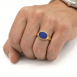 Chevalière moderne pour homme en acier inoxydable doré ornée d'une véritable pierre ovale en lapis-lazuli bleu profond 2