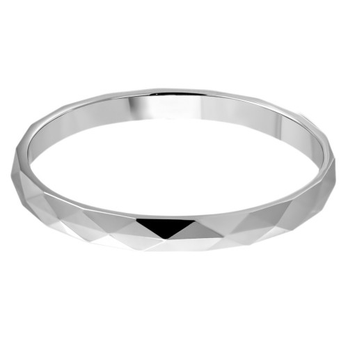 Profile view of the fine tungsten ring showing the elegant geometric work of the facets and its mirror polish