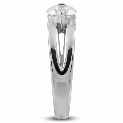 Profile view of the solitary ring showing the openwork design of the steel frame and crimping the glossy stone