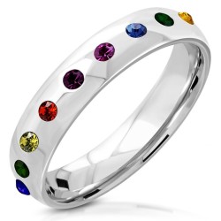 Bague de fiançailles moderne et large pour homme et femme en acier brossé sertie de zircons aux couleurs de l'arc-en-ciel