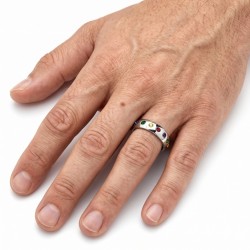 Anillo de compromiso moderno y amplio para hombre y mujer en acero cepillado con circonones en los colores del arco iris 2