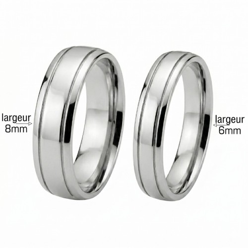 alliance de mariage à deux fines rainures pour homme en acier de largeur 6mm pour femme et 8mm pour homme