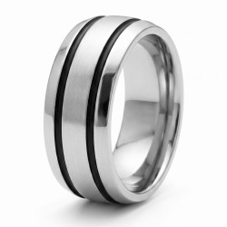 Bague anneau moderne pour homme en acier inoxydable 316L brossé avec largeur imposante de 10mm et deux rainures noires