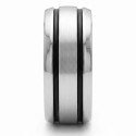 Profile view of the wide steel ring showing the beautiful finish and the slight geometric depth of black lines