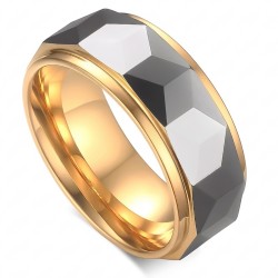 Anello moderno di alleanza per gli uomini in metallo duro dorato intagliato intagliato con sfaccettature geometriche