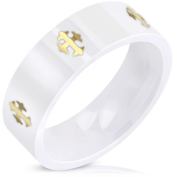 Modern and wide ring ring for men in pure white ceramics with laser crooked croix