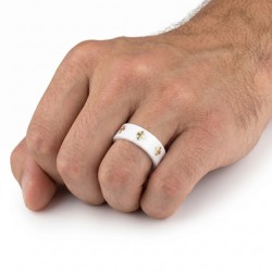 Modern and wide ring ring for men in pure white ceramics with laser crooked croix 2