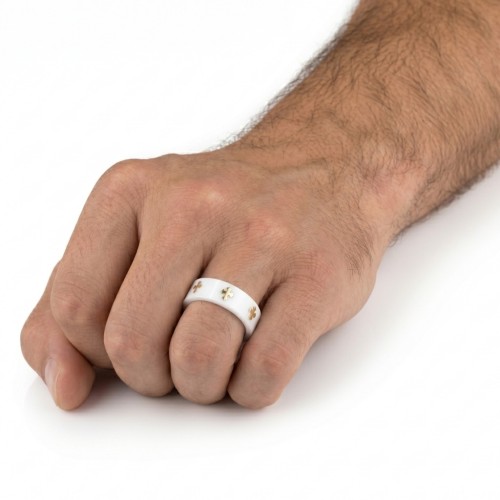 Bague Homme Céramique Blanche | Croix Templier Or Largeur 8mm