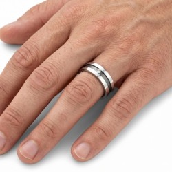Bague de fiançailles moderne pour homme et femme en acier avec liseré central noir et pierre en zirconium blanc 2