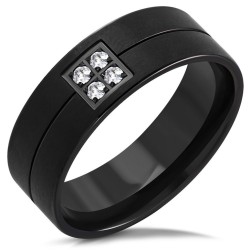 Anello moderno del fidanzamento moderno dell'uomo e della donna con una pavimentazione quadrata di 4 zirconi bianchi