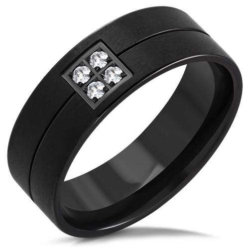 Modern man and woman's modern engagement ring with a square pavement of 4 white zirconia