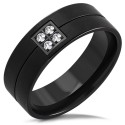 Modern man and woman's modern engagement ring with a square pavement of 4 white zirconia