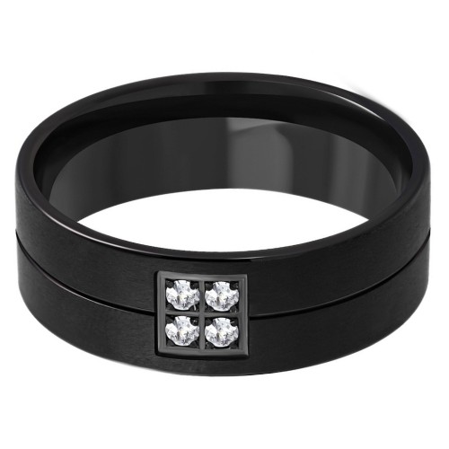 Detailed view of the ring showing elegant black finish, the fine central groove and crimping stones