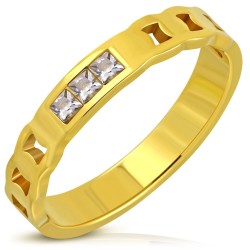 Bague de promesse moderne pour femme en acier doré avec anneau ajouré, sertissage de 3 pierres carrées et option de gravure