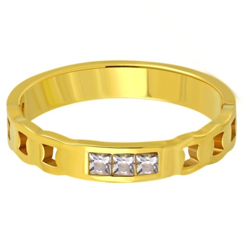 Detailed view of the golden steel ring showing perfect crimping in the mass of 3 zirconium stones