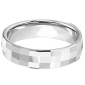 View of the minimalist tungsten ring highlighting finely beveled edges and metal reflections