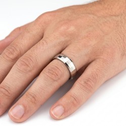 Anello moderno di alleanza per uomini e donna in carburo di tungsteno con tre righe di superficie di sfaccettature rettangolari 2