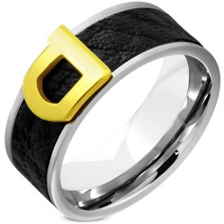 Bague anneau moderne et large pour femme en acier inoxydable avec bande imitation cuir et boucle de ceinture dorée