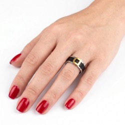 Bague anneau moderne et large pour femme en acier inoxydable avec bande imitation cuir et boucle de ceinture dorée 2
