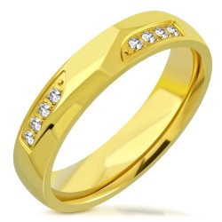 Bague alliance moderne pour homme en acier doré avec polissage miroir et double barrette de pierres serties