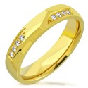 Bague alliance moderne pour homme en acier doré avec polissage miroir et double barrette de pierres serties