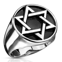 Modern and wide knob ring for stainless steel with plateau adorned with a David star on black background