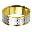 Vue détaillée de la bague montrant le contraste entre la frise en acier mat et brillant et l'éclat des bords arrondis dorés