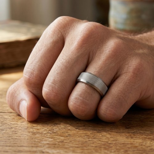 Thick titanium ring brought to a man's finger illustrating his smooth interior for optimal comfort on a daily basis