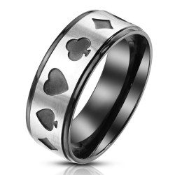 Anello moderno dell'anello dell'uomo in acciaio inossidabile con bordi neri e striscia d'argento adornati con carte da poker
